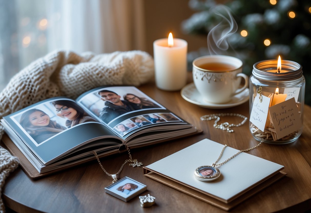 A table with personalized birthday gifts including a photo album, silver locket necklace, and a memory jar, surrounded by winter-themed cozy items.