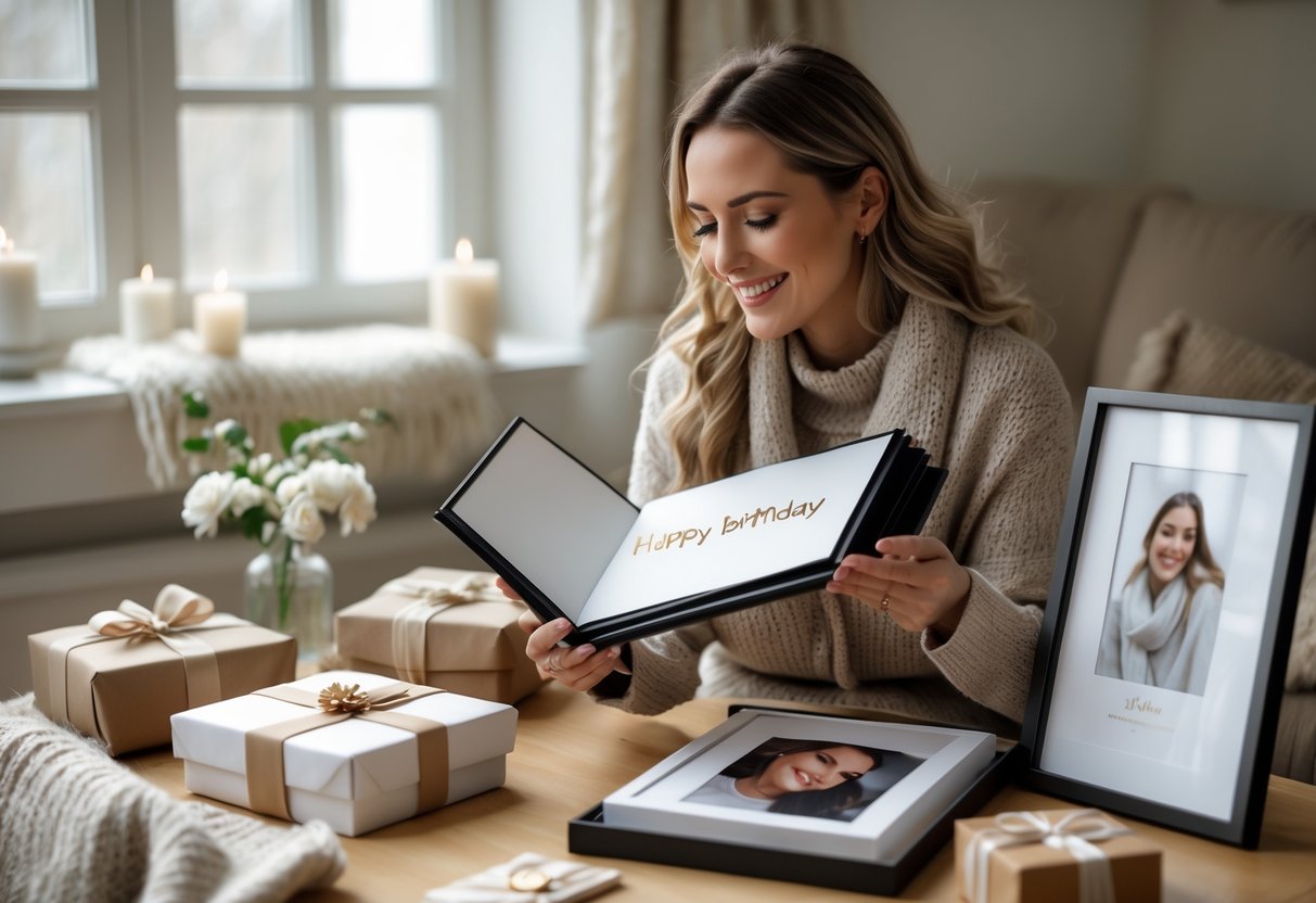 A woman celebrating her birthday indoors, holding a photo album surrounded by personalized gifts and cozy winter decorations.
