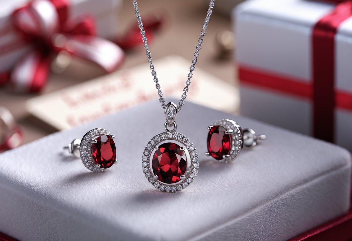 Close-up of garnet jewelry including a pendant necklace and earrings displayed on white velvet with a gift box in the background.