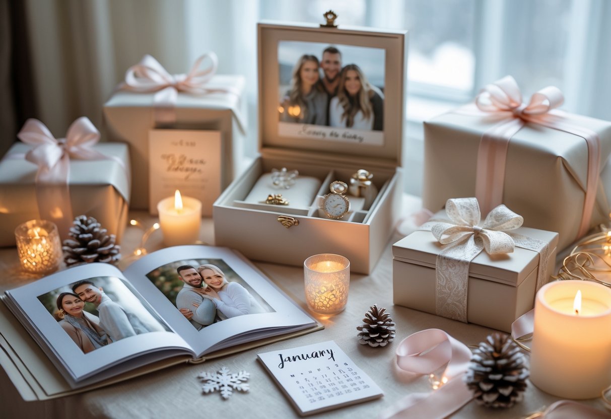 A table displaying personalized gifts including photo albums, engraved jewelry boxes, and keepsake ornaments with winter-themed decorations suggesting a January birthday celebration.