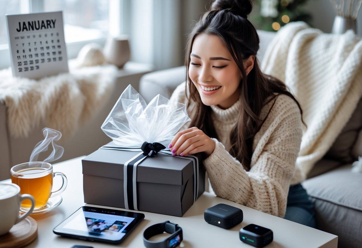A young woman happily opening a tech gift box in a cozy living room with winter decor and tech gadgets nearby.