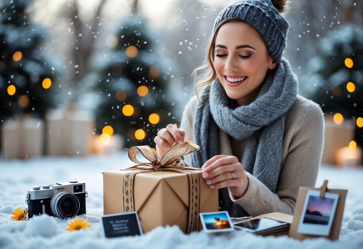 A woman outdoors in winter unwraps a gift box with experience vouchers surrounded by keepsakes and snowflakes.
