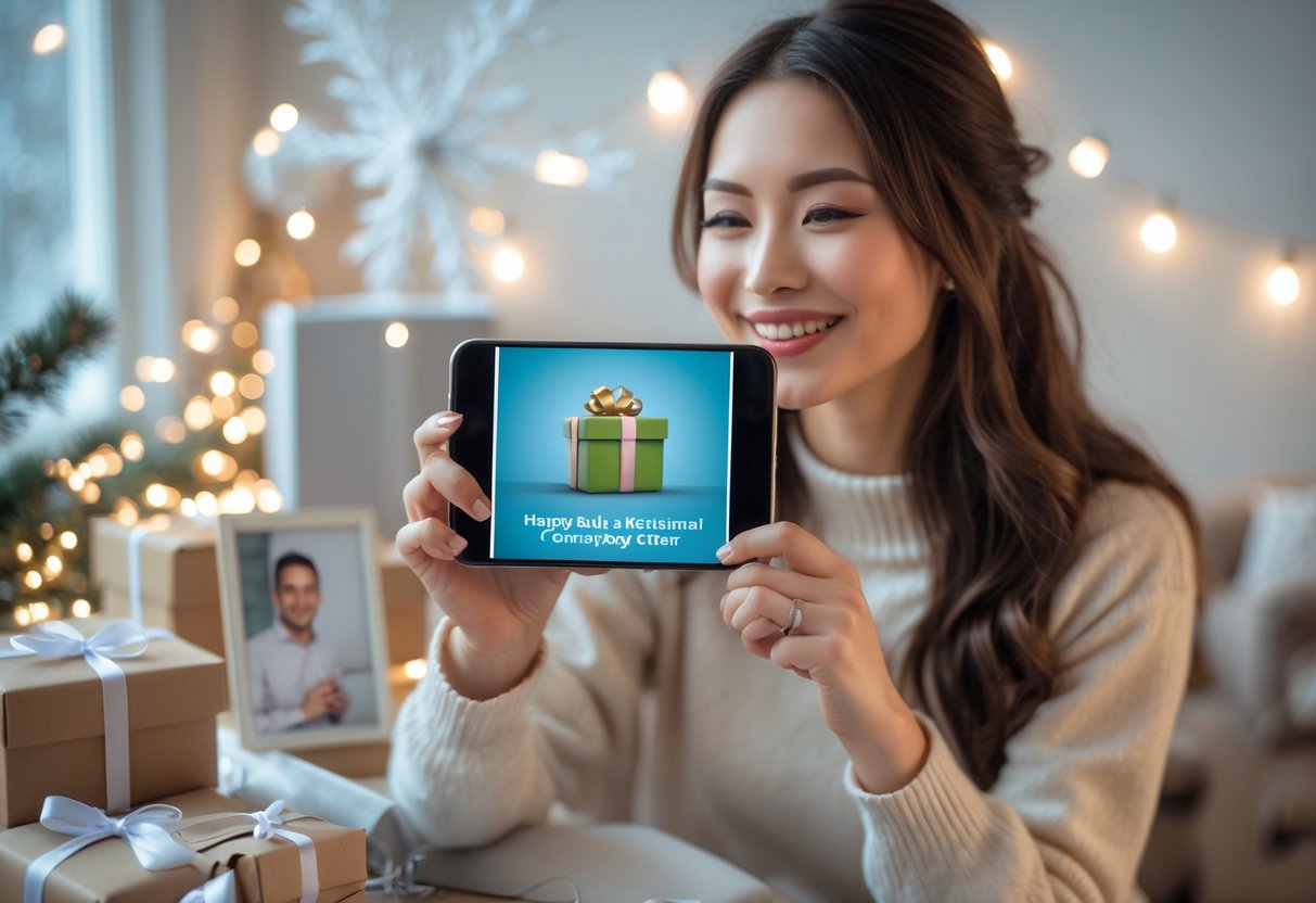 A woman smiling while holding a smartphone showing a digital gift card, with birthday decorations and wrapped presents nearby.