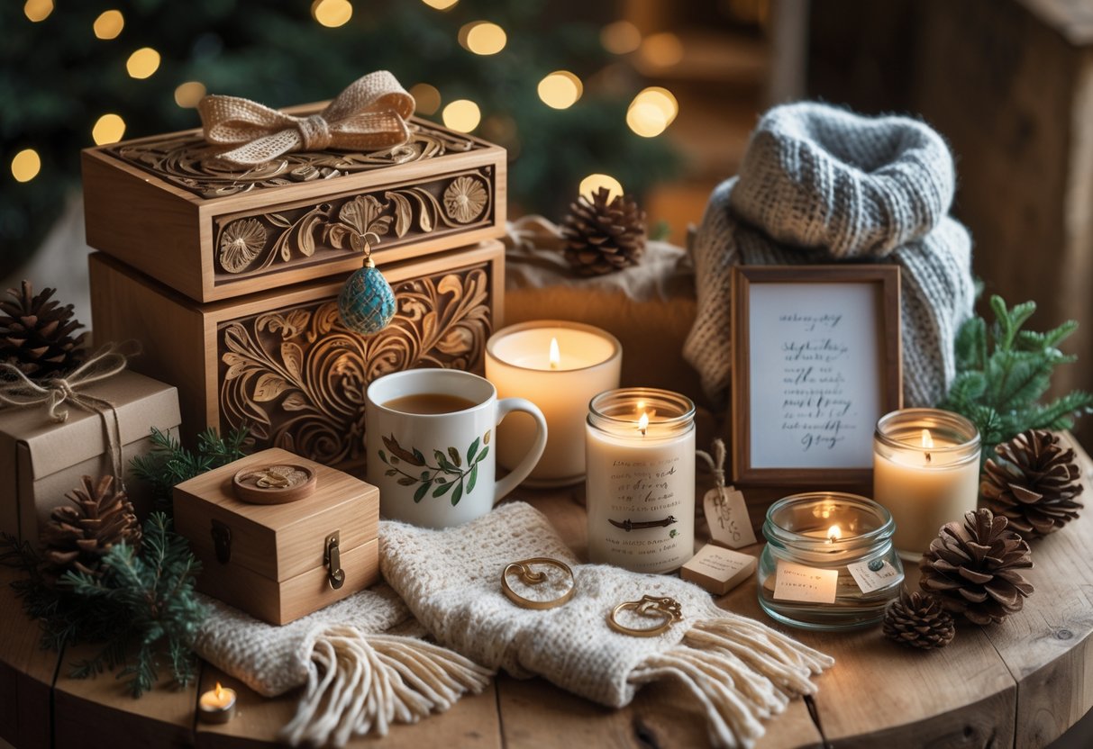 A collection of handmade gifts including carved wooden boxes, painted mugs, knit scarves, and personalized photo frames arranged on a wooden table with pine cones and candles.