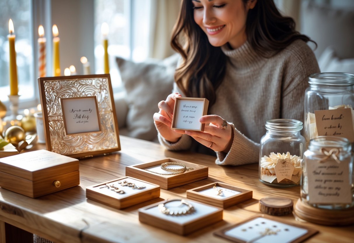 A woman holding personalized keepsakes on a wooden table with winter-themed birthday decorations in a cozy home setting.