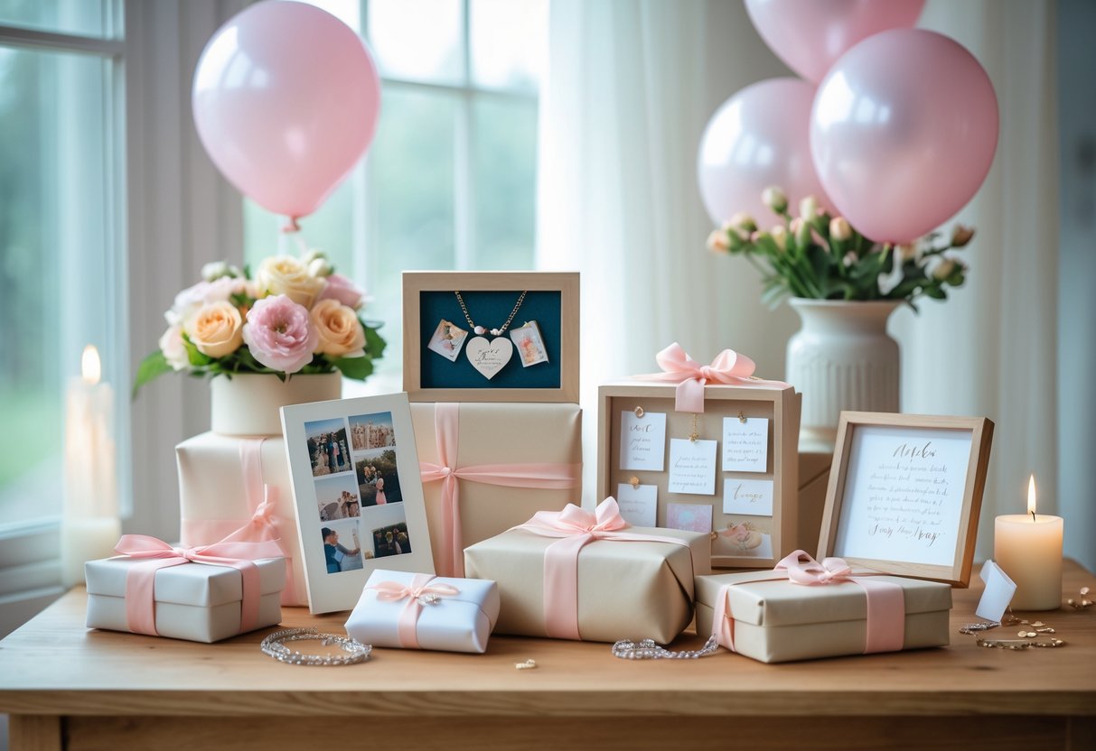 A table with wrapped birthday gifts including a photo album, jewelry box, memory jar, and framed photos, surrounded by balloons, flowers, and a lit candle.