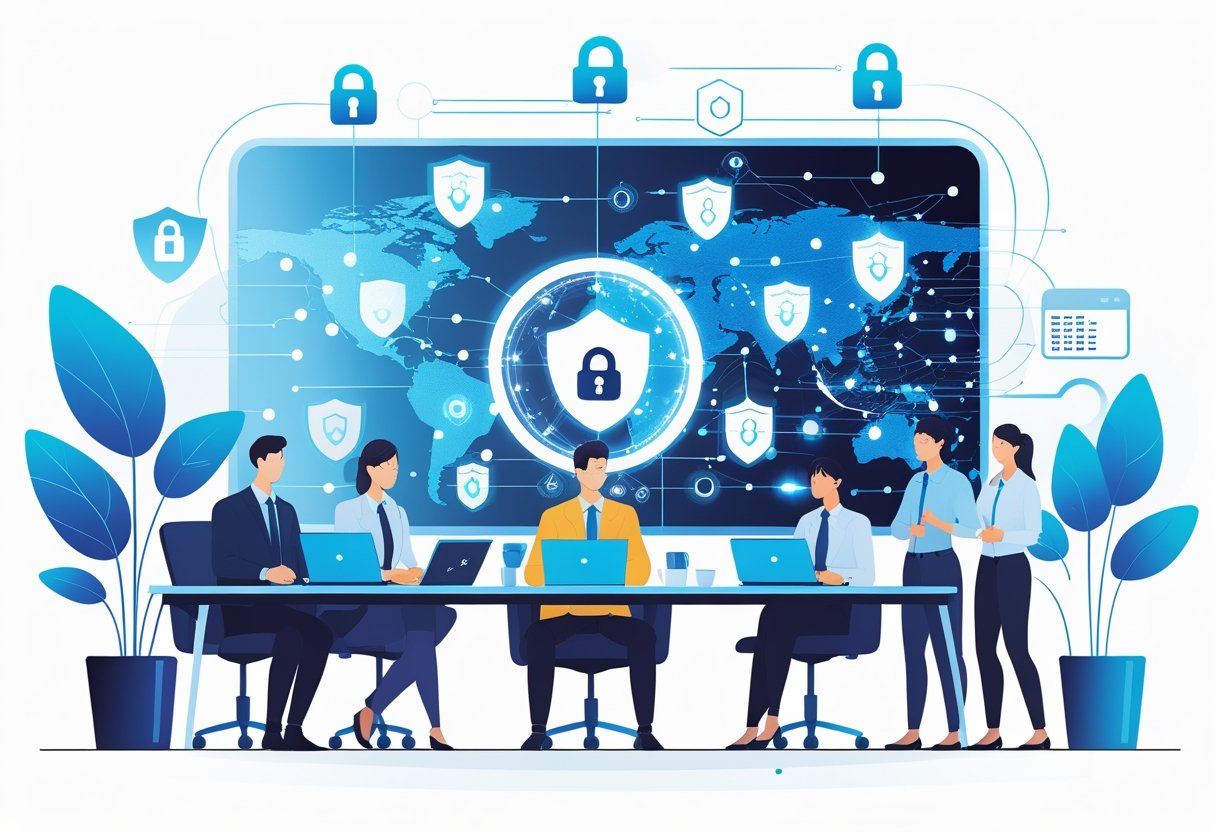 A group of small business professionals working with digital devices displaying AI security icons and holographic shields in a modern office setting.