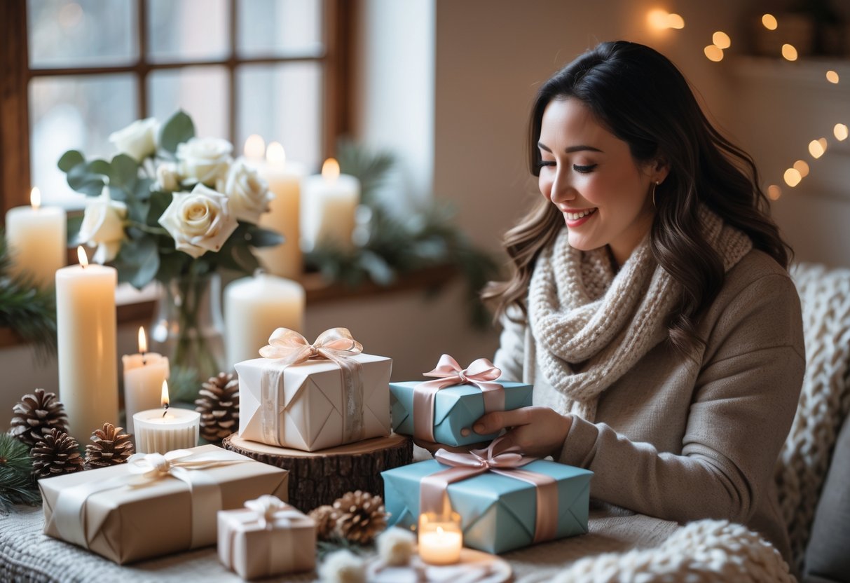 A woman receiving a handmade gift at a cozy indoor birthday celebration decorated with winter flowers and candles.