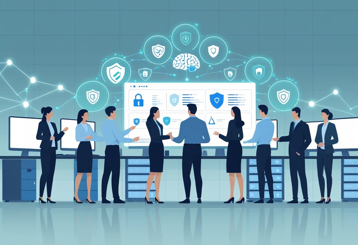 A group of business professionals working together in a modern office with digital security icons and holographic displays representing AI security tools.