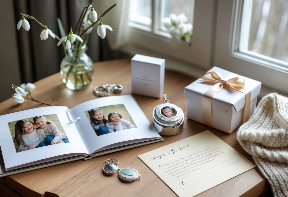 A wooden table displaying personalized birthday gifts including a photo album, silver locket, wrapped box, and handwritten note with winter flowers and a scarf in the background.