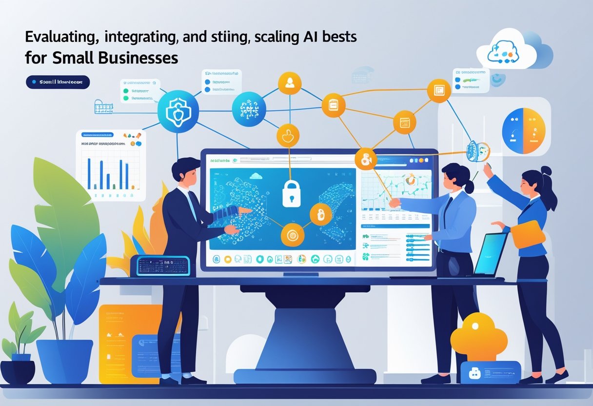 A group of professionals working together around a digital table displaying AI security tools, analyzing data and connecting network elements in a modern small office.