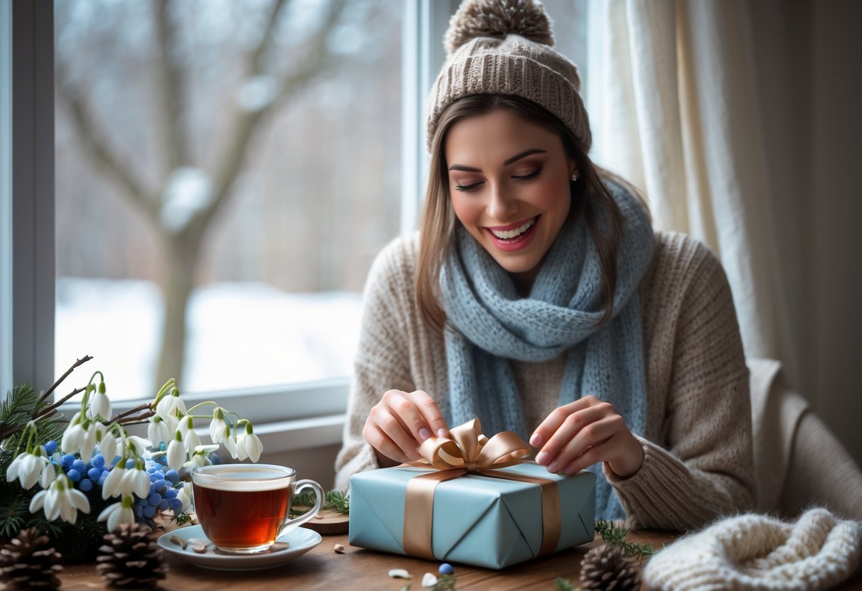 A young woman smiling happily as she opens a wrapped birthday gift at a cozy table near a window with a snowy winter scene outside.