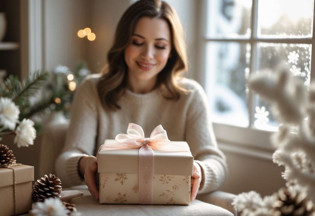 A woman smiling as she receives a beautifully wrapped gift in a cozy room with winter-themed decorations.