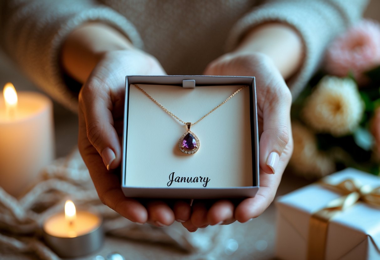 Close-up of a woman holding a jewelry box with a personalized necklace featuring a January birthstone, surrounded by soft lighting and celebratory decorations.