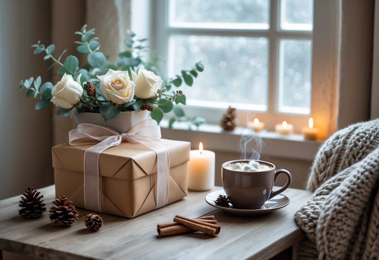 A cozy indoor scene with a wrapped gift box, winter flowers, a cup of hot cocoa, and a knitted blanket on a wooden table by a frosted window.