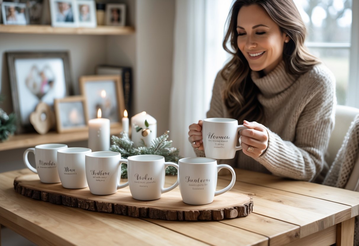 A woman smiling while holding a personalized mug at a wooden table filled with keepsakes and winter decorations in a cozy home.