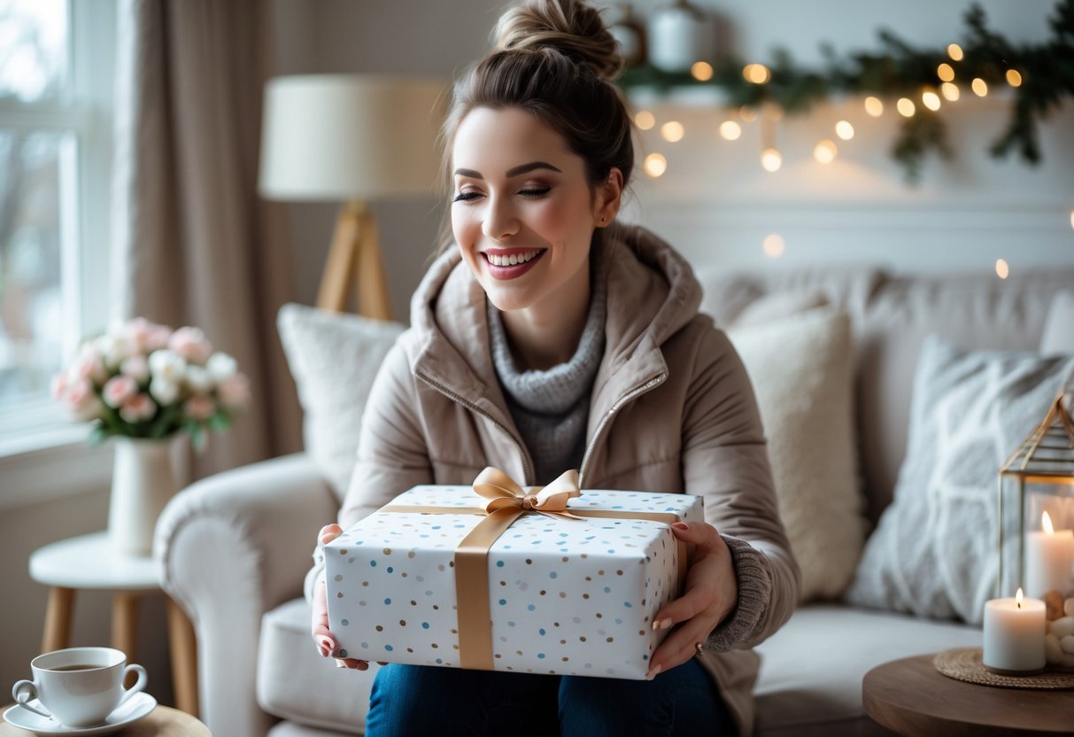 A woman smiling happily as she receives a wrapped subscription gift box in a cozy living room decorated for a winter birthday celebration.