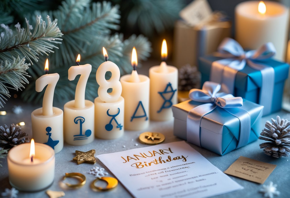 A birthday setup with glowing date candles, zodiac decorations, a wrapped gift box, and winter-themed accents on a table.