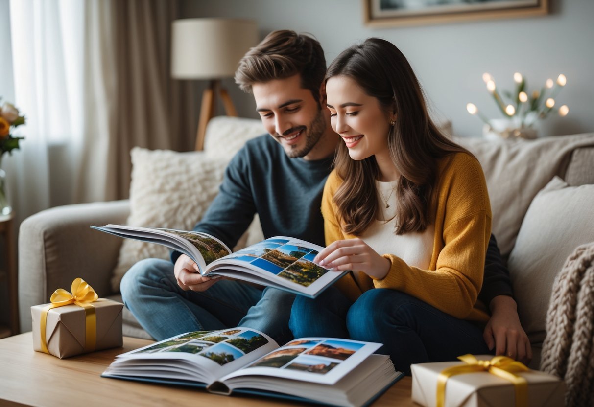 A couple sitting on a couch looking at travel photo books together, the woman smiling warmly as they share memories, with birthday decorations nearby.