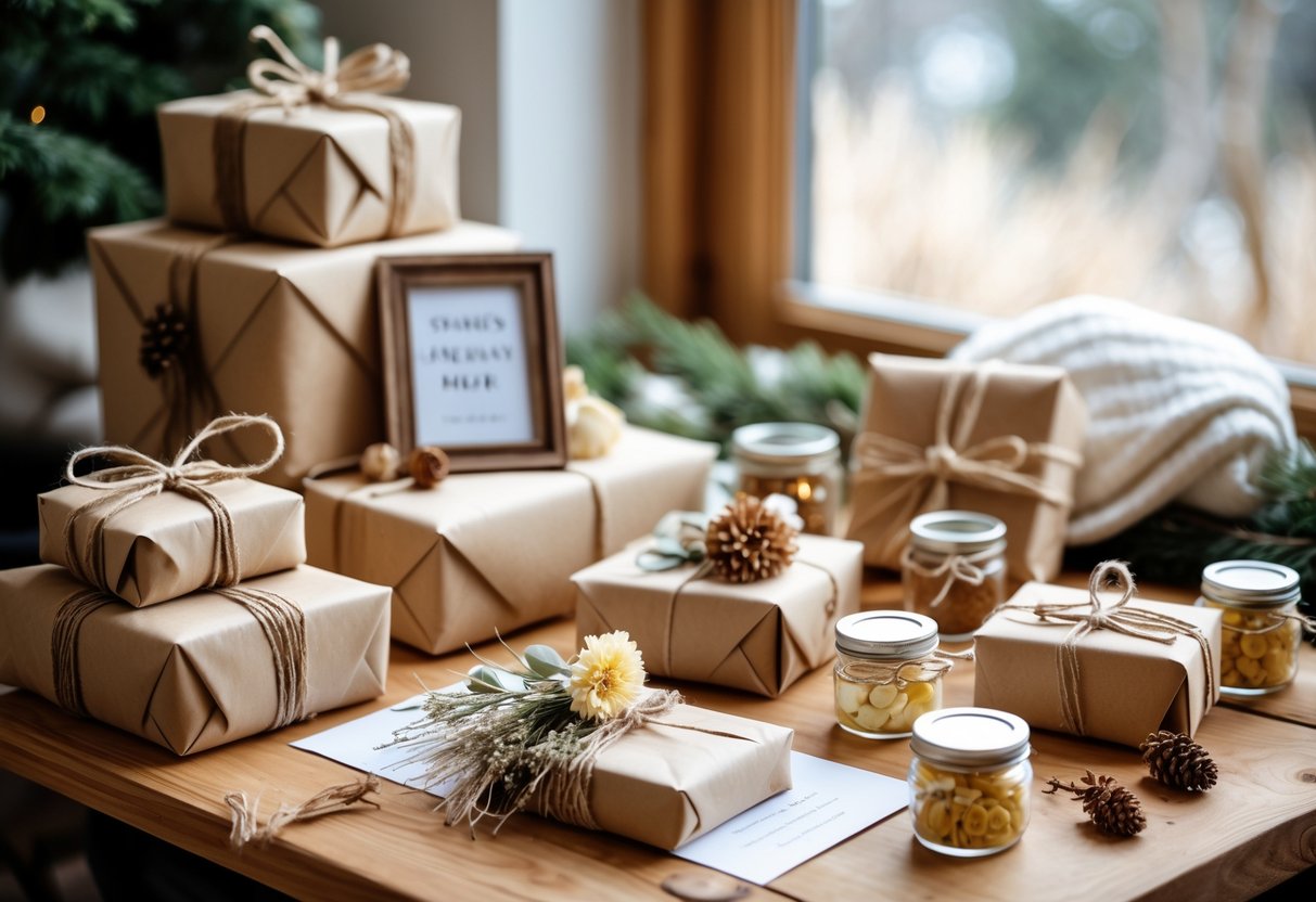 A table displaying handmade birthday gifts including wrapped presents, photo frames, cards, and jars in a cozy indoor setting with soft natural light.