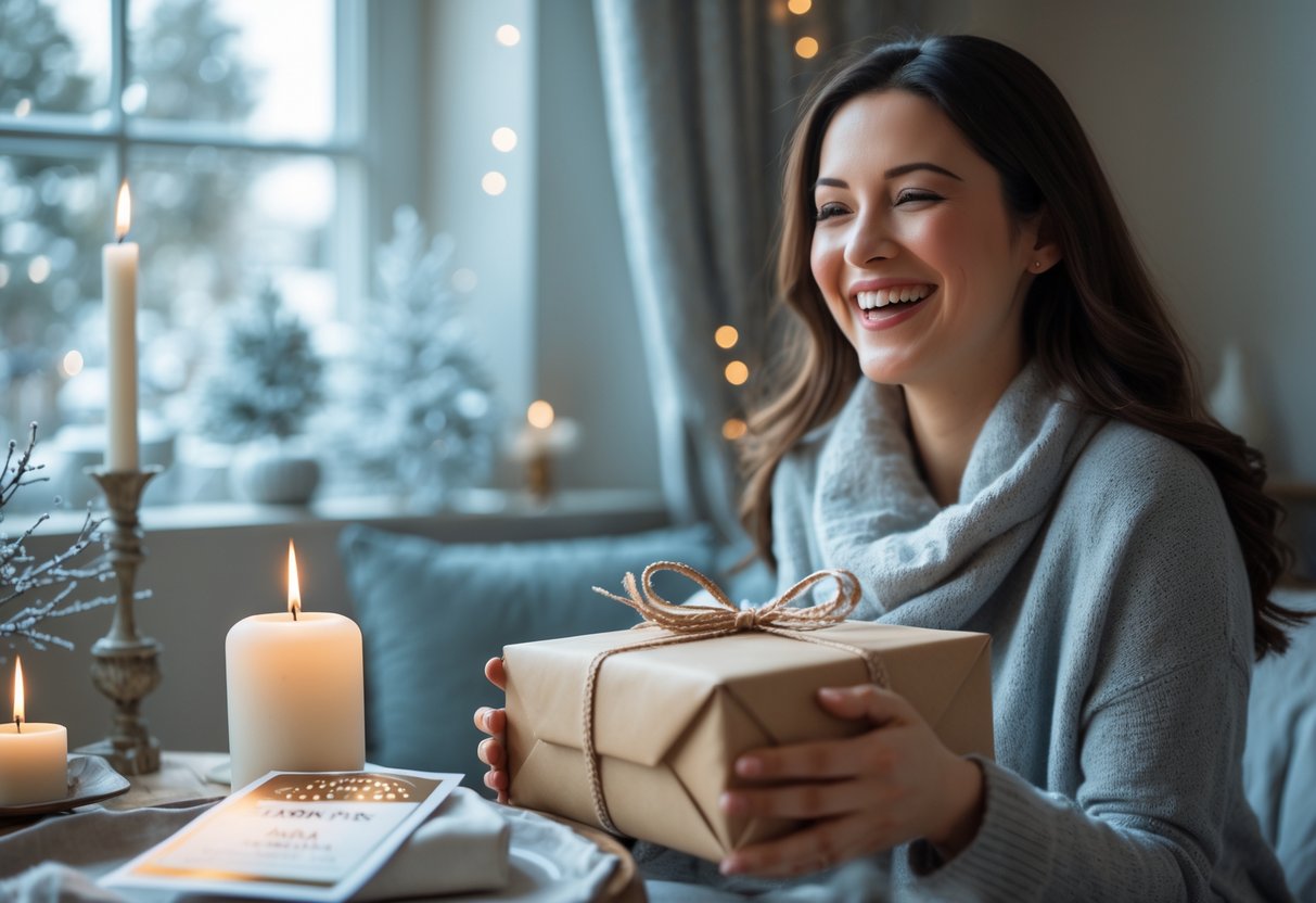 A smiling woman receiving a thoughtful gift indoors with winter decorations visible through a window.