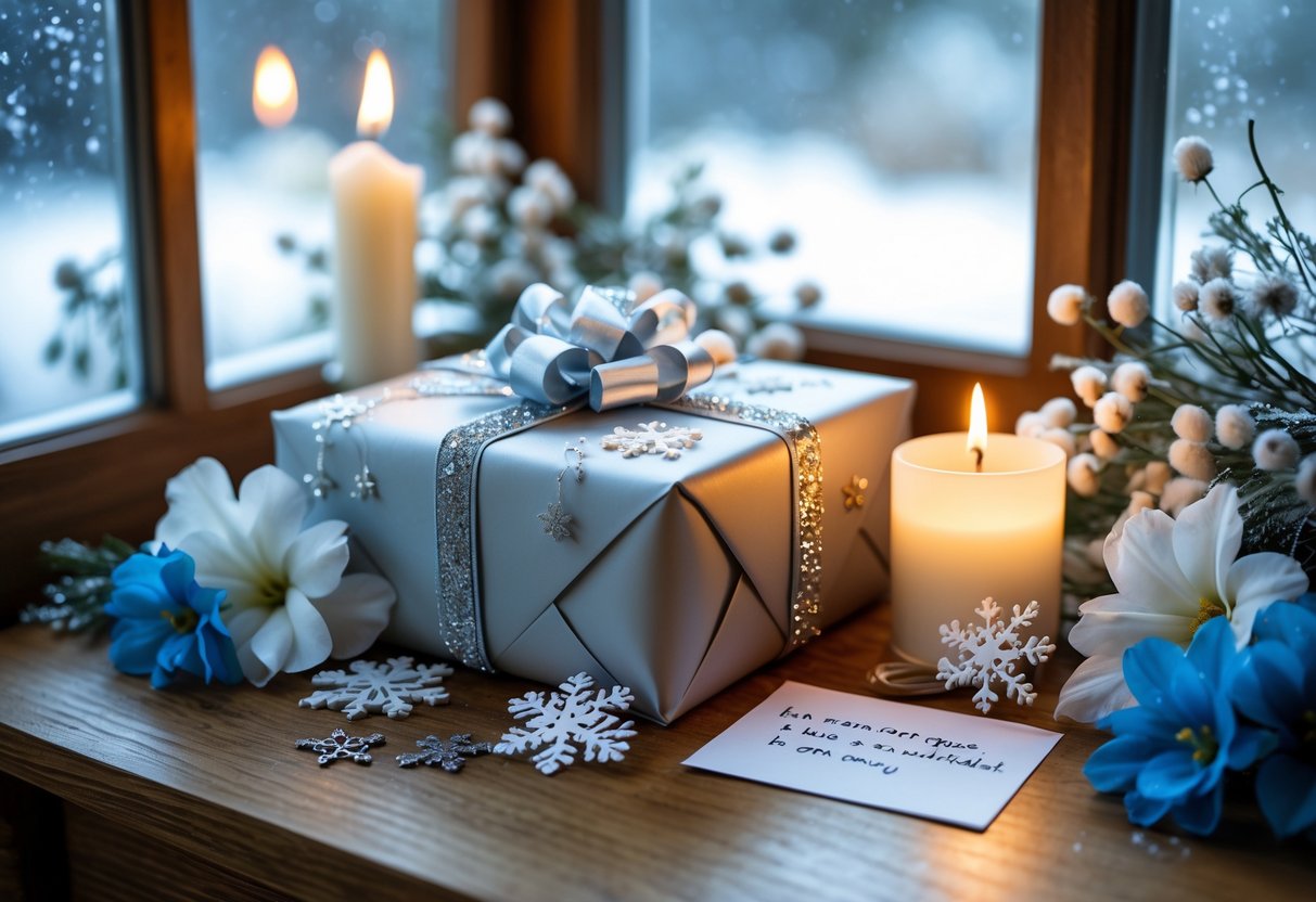 A beautifully wrapped birthday gift with winter-themed decorations on a wooden table, surrounded by flowers, a candle, and a handwritten card near a window showing a snowy scene.