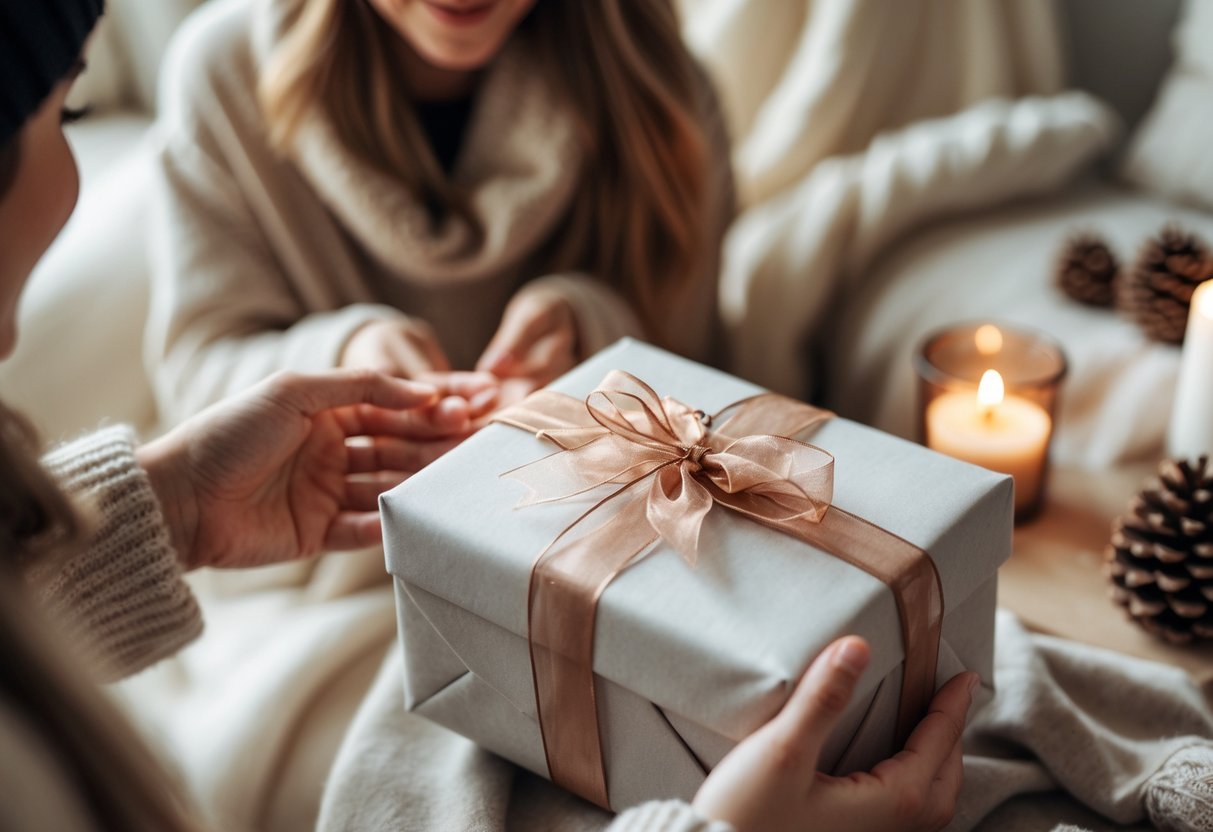 A smiling woman receiving a wrapped gift from another person in a cozy, softly lit setting with winter decorations.