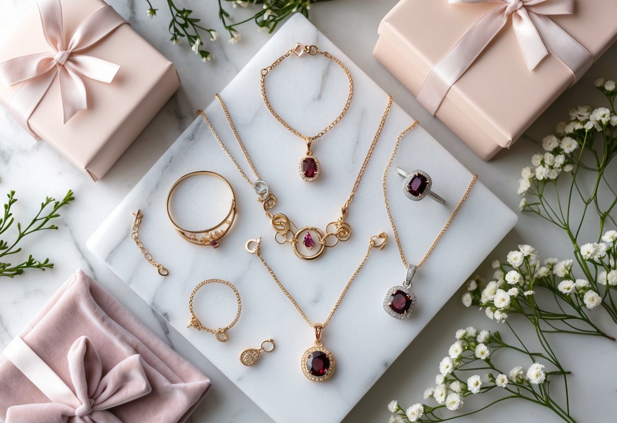 A flat lay of personalized silver and gold jewelry with garnet gemstones arranged on a marble surface alongside velvet pouches and gift boxes, decorated with greenery and small white flowers.