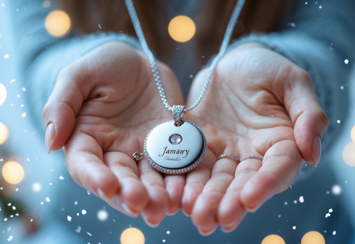 Close-up of a woman's hands holding a personalized necklace with a birthstone, surrounded by subtle winter elements.