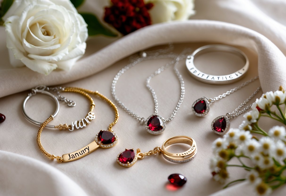 Close-up of personalized jewelry with garnet birthstones including necklaces, bracelets, and rings arranged on a soft fabric with flowers and gemstones.