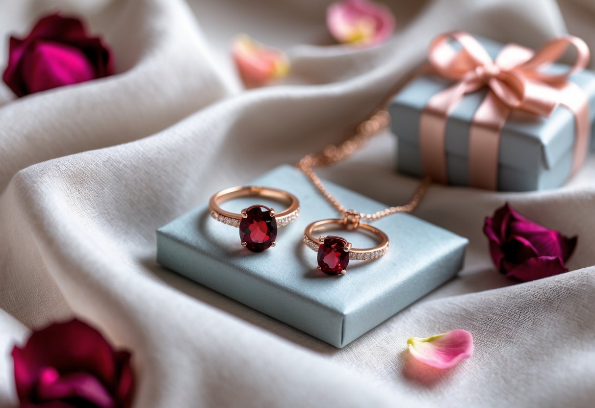 Close-up of garnet pendant necklace and ring displayed on soft fabric with a small gift box and rose petals.