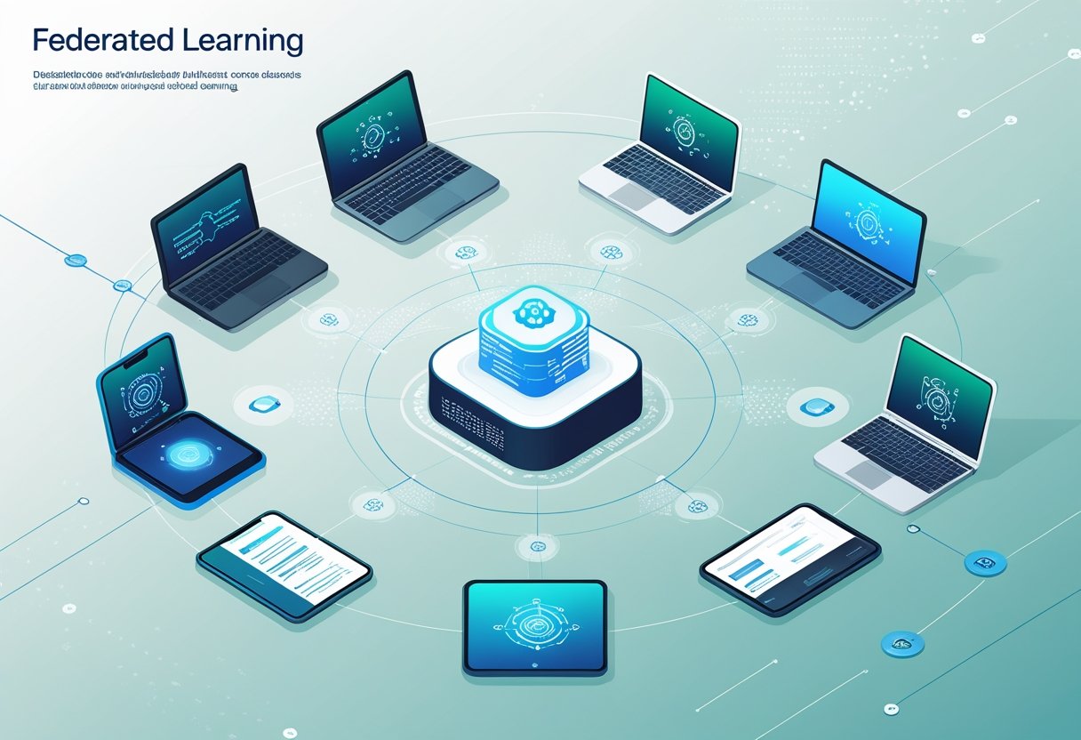 Multiple devices connected wirelessly, sending data to a central server representing federated learning.