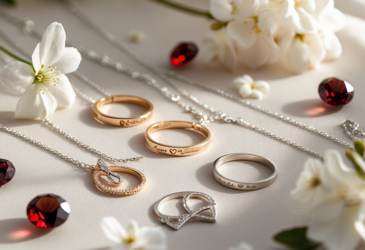 Close-up of engraved silver and gold jewelry with heart and infinity symbols, garnet gemstones, and small white flowers arranged on a soft background.