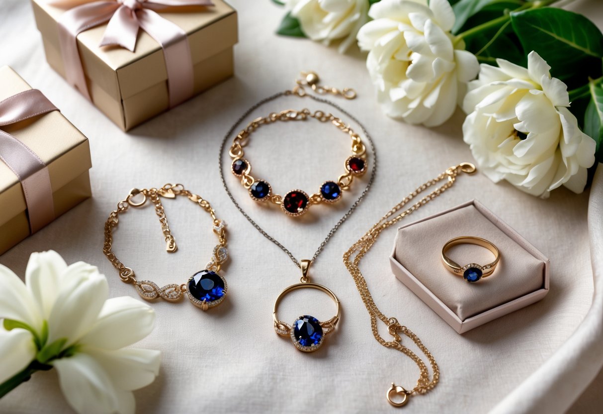 A collection of personalized jewelry with blue gemstones, arranged with a gift box, ribbon, and white flowers on a soft fabric background.