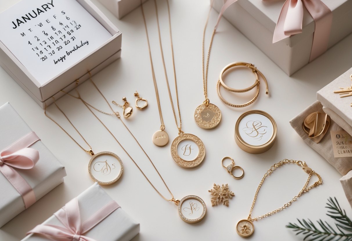A flat lay of personalized gifts including custom jewelry, candles, and photo frames with subtle January birthday decorations.
