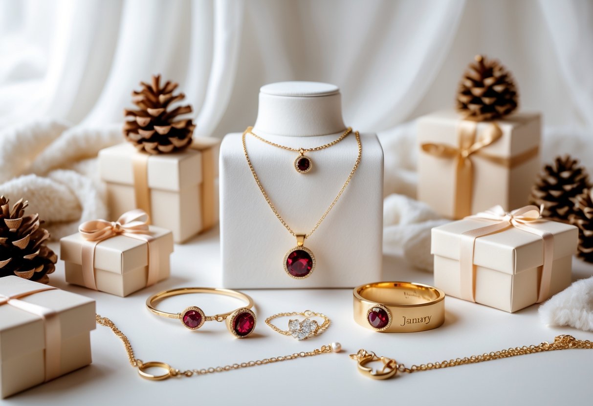 A display of personalized jewelry with garnet gemstones surrounded by gift boxes and winter-themed decorations.
