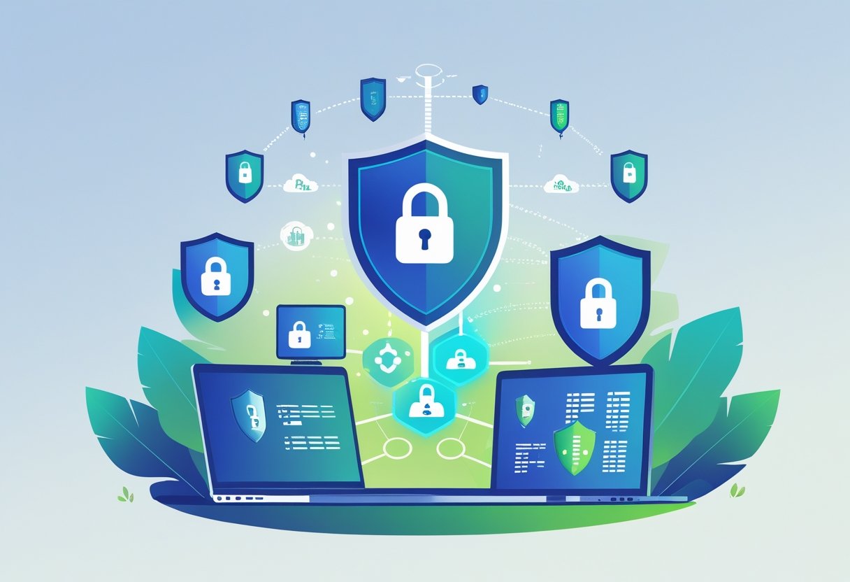 Multiple devices connected in a secure network with protective shields and data streams, symbolizing privacy, security, and legal compliance in federated learning.