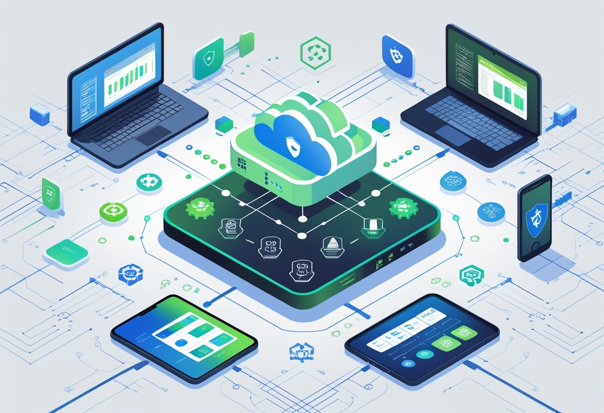 Multiple devices connected wirelessly to a central cloud server, illustrating a secure and collaborative machine learning process with symbols representing data privacy and technology.
