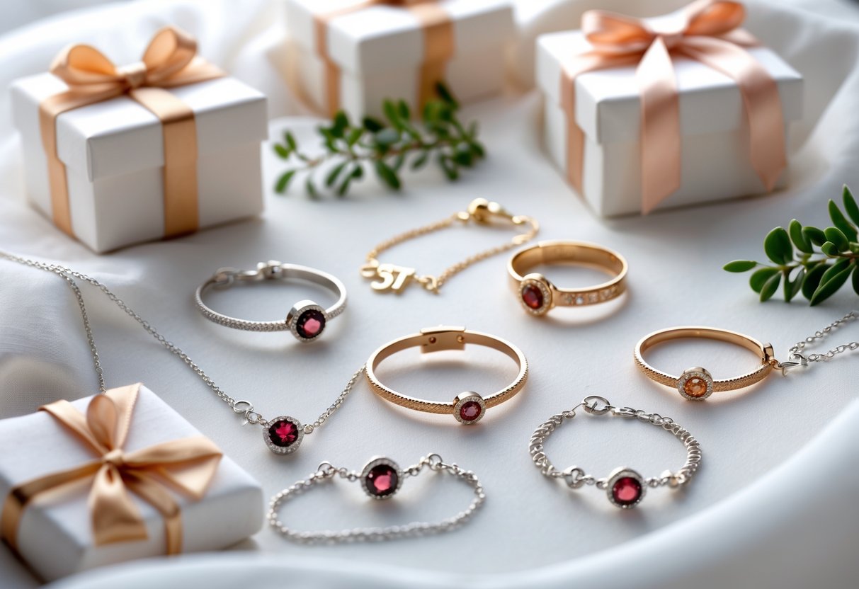 Close-up of personalized jewelry with garnet birthstones displayed on a white velvet surface with gift boxes and greenery.