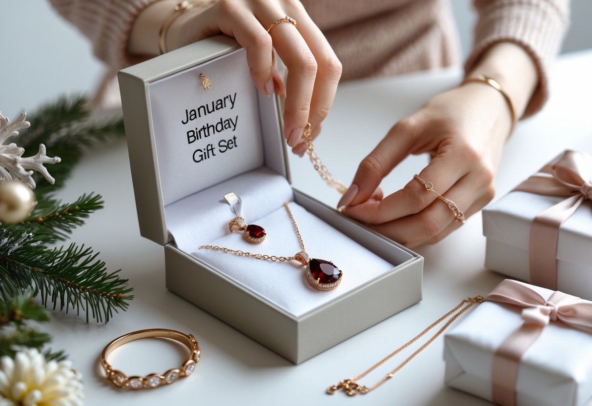 A hand placing a garnet birthstone necklace into an open jewelry box surrounded by rings and bracelets, with a wrapped gift and winter flowers nearby.