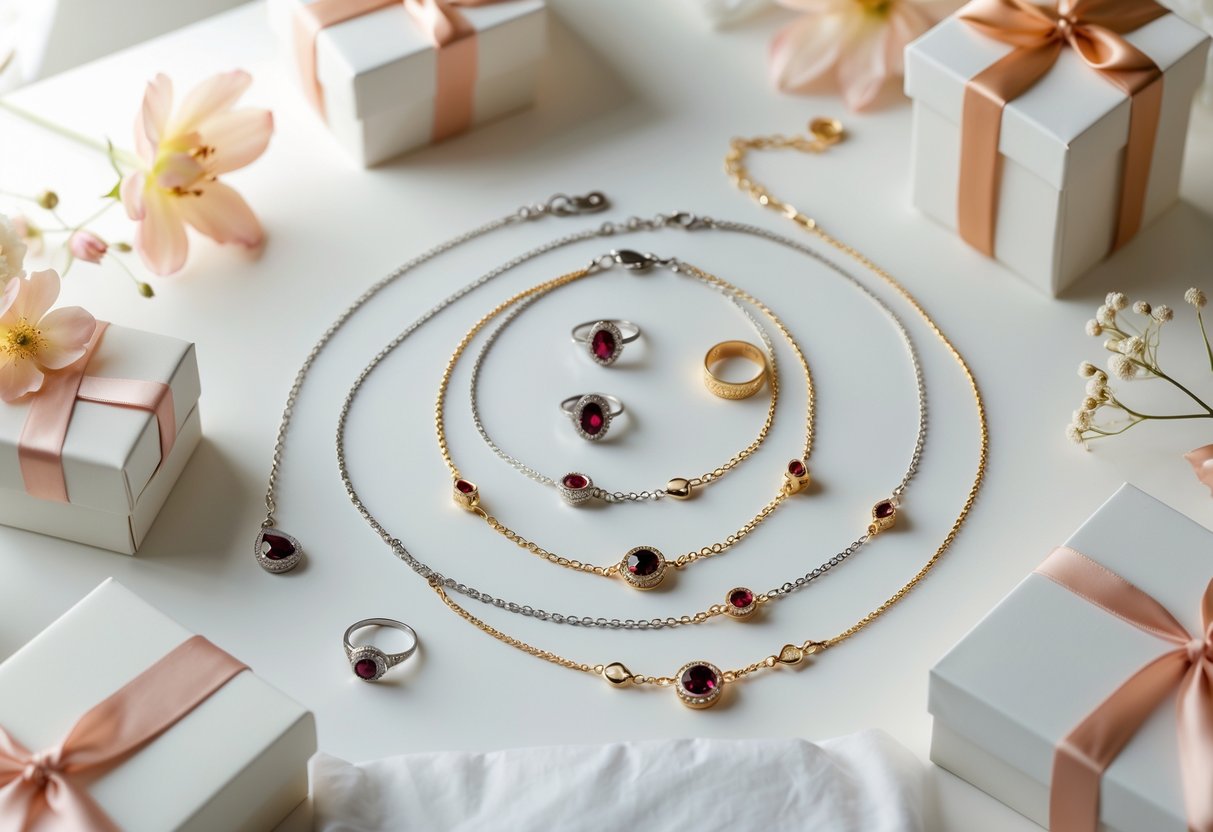 A collection of personalized jewelry with garnet birthstones displayed with flowers and gift boxes on a soft background.