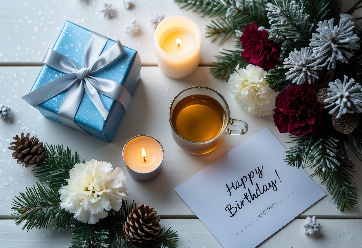A flat lay of a wrapped gift box, evergreen sprig with pinecones, a cup of tea, flowers, a lit candle, and a birthday card on a white wooden surface with artificial snow.