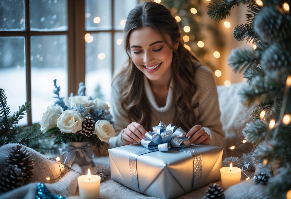 A young woman smiling as she unwraps a beautifully wrapped gift in a cozy room decorated with winter-themed decorations and soft lighting.