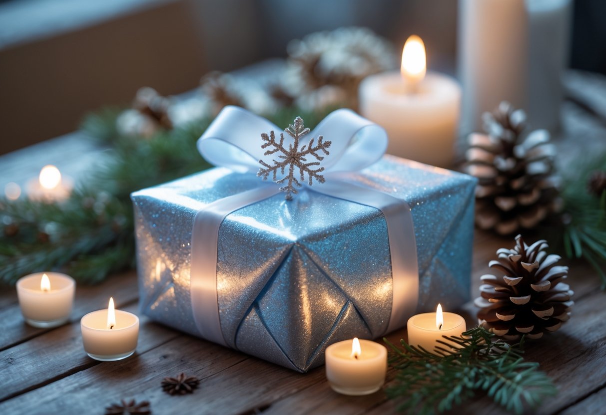 A beautifully wrapped gift box with silver and blue paper, white ribbon, and a snowflake ornament on a wooden table surrounded by pine cones, evergreen sprigs, and candlelight.