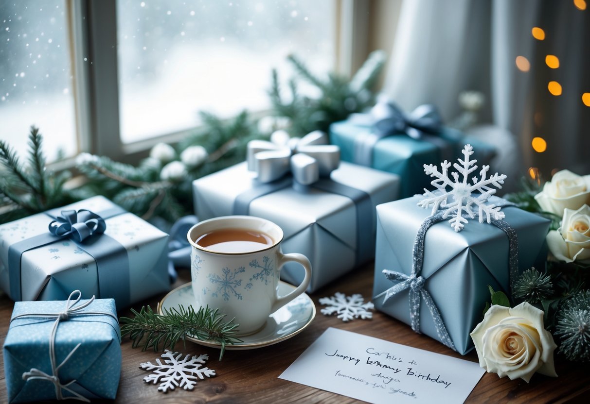A cozy table with wrapped birthday gifts, winter flowers, a cup of tea, and a snowy window in the background.
