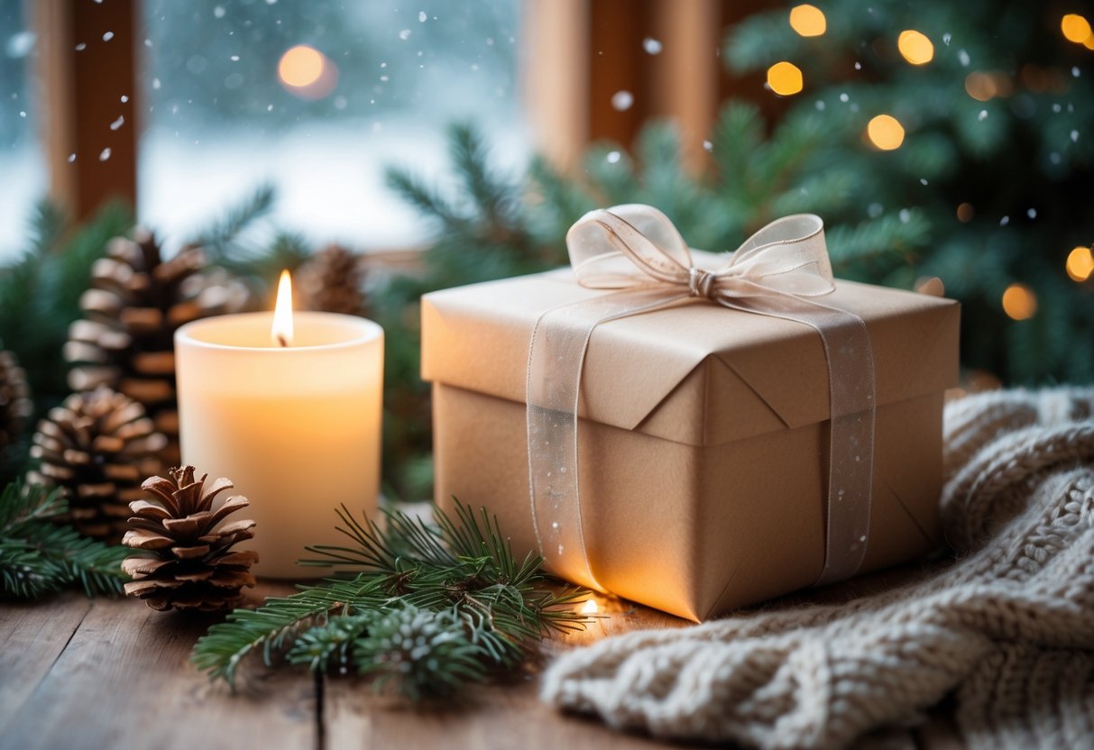 A wrapped gift box with a ribbon on a wooden table surrounded by pine cones, evergreen sprigs, and a knitted scarf, with a candle and a snowy window in the background.