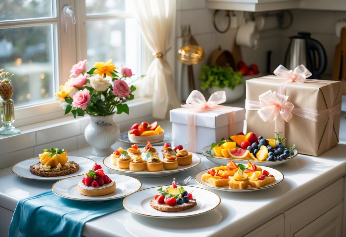 A kitchen table set with colorful food, wrapped gift boxes, and fresh flowers in soft natural light.