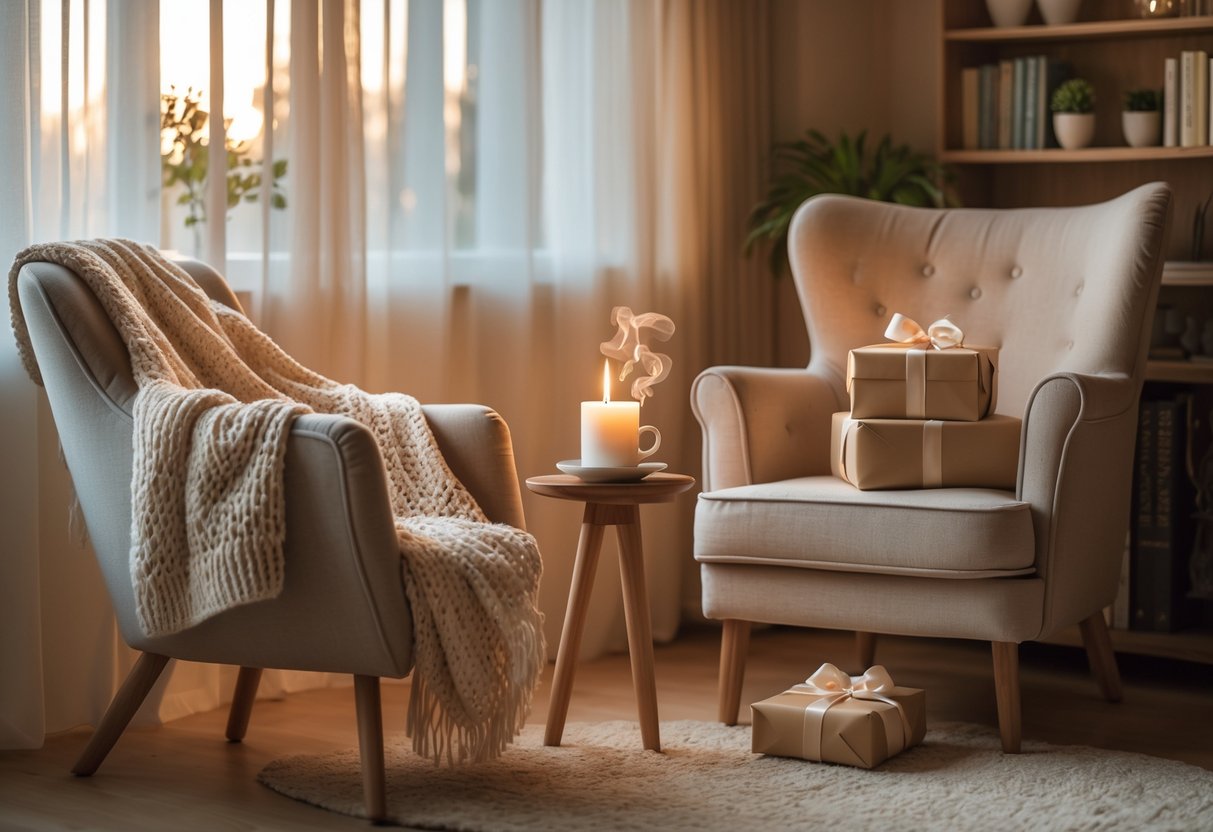A cozy living room with a plush armchair, a side table holding a cup of tea, a lit candle, and a wrapped gift box, surrounded by books and plants.