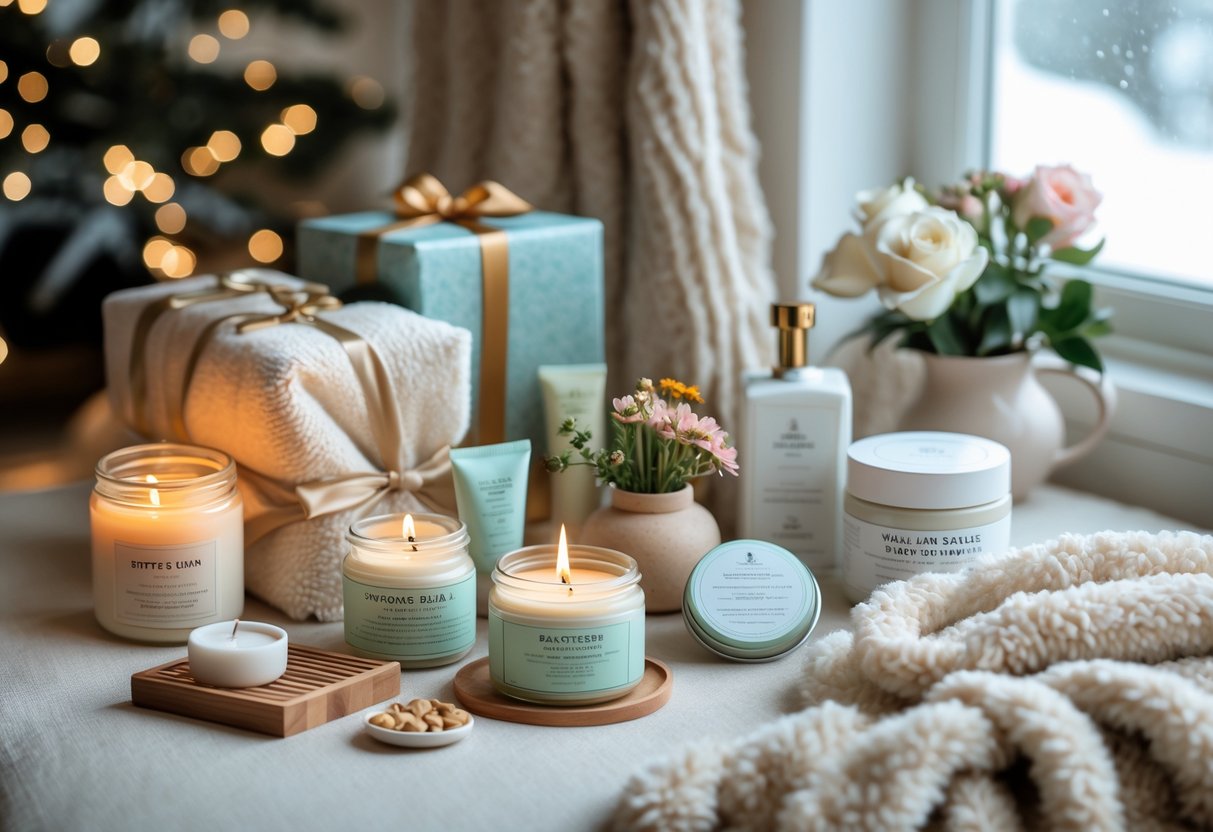 A cozy arrangement of self-care gifts including candles, bath salts, skincare products, tea, and flowers on a soft surface near a window with winter scenery.