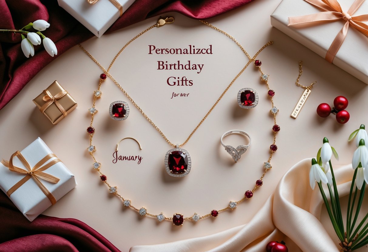 A flat lay of garnet rings, silver and gold bracelets, a name pendant necklace, gift boxes, ribbons, and winter flowers arranged on soft fabrics.